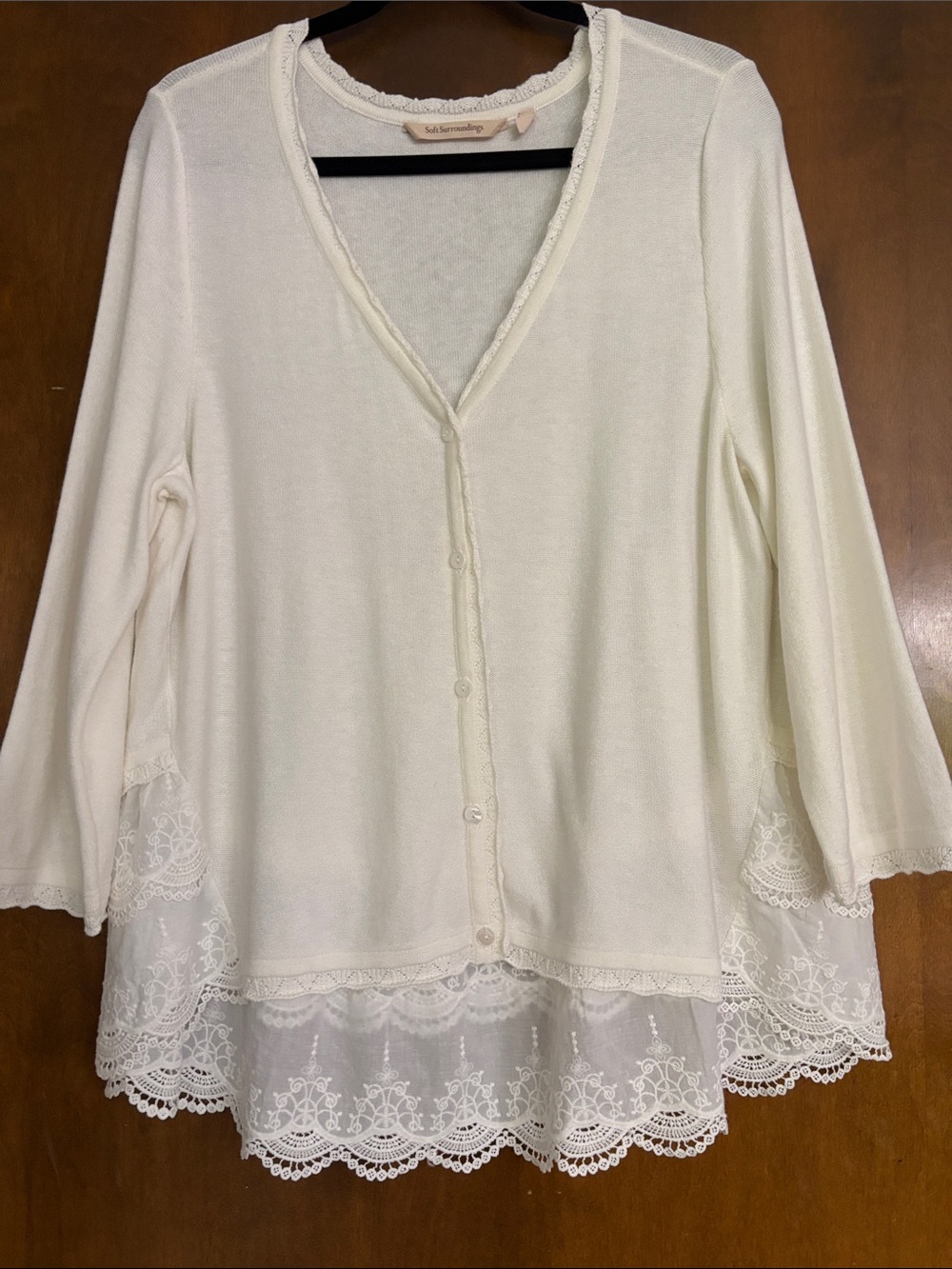 Soft Surroundings Ivory Lace-Trim Button Front Cardigan Large